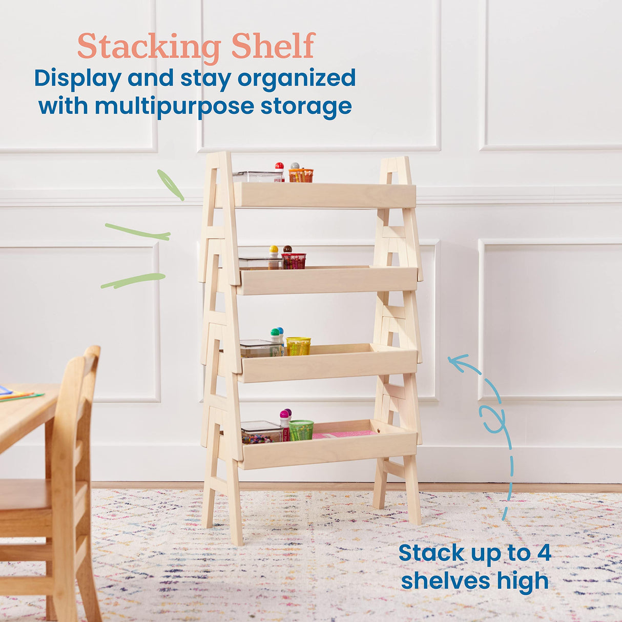 ECR4Kids Adjustable Stacking Shelf with Full Edge, Bookcase, Antique White ECR4Kids