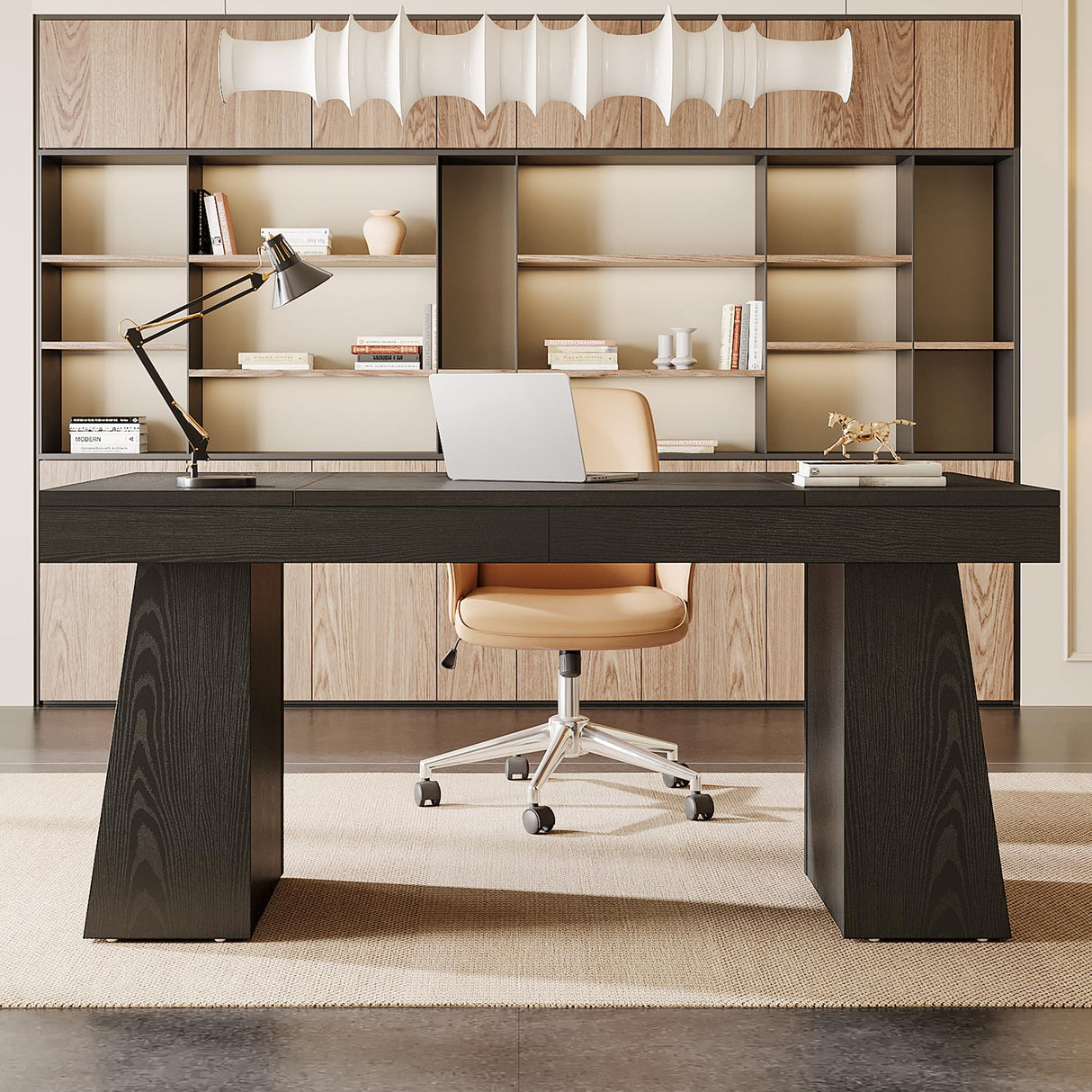 Tribesigns 55 Inches Executive Desk, Mid-Century Modern Home Office Desk with Double Trapezoid Base, Wood Computer Desk Business Workstation Desk Small Conference Table, Black Tribesigns