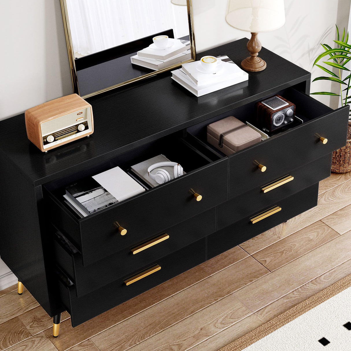 DWVO 6 Drawer Dresser, Black Wooden Drawers Storage Dresser with Golden Metal Handle & Anti-Tipping Device, Modern Double Chest of Drawers for Hallway, Entryway, Living Room DWVO