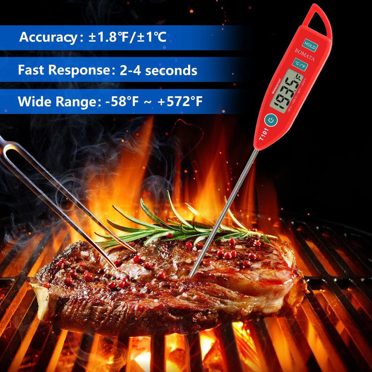 BOMATA 2 Pack Waterproof IPX7 Meat Thermometer Instant Read Food Thermometer with Long Probe for Water, Liquid, Kitchen Cooking, Grill,BBQ ! T101 X 2 Pcs (Black & Red)… BOMATA
