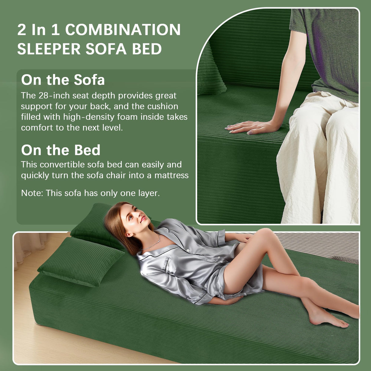 83" Modern Sofa in a Box, No Assembly Oversized 3 Seater 28" Deep Seat Cloud Sofa Bed Couch with 4 Furry Pillows & Corduroy Fabric, Boneless Couch with Side Storage Pockets for Living Room, Green Zyerch