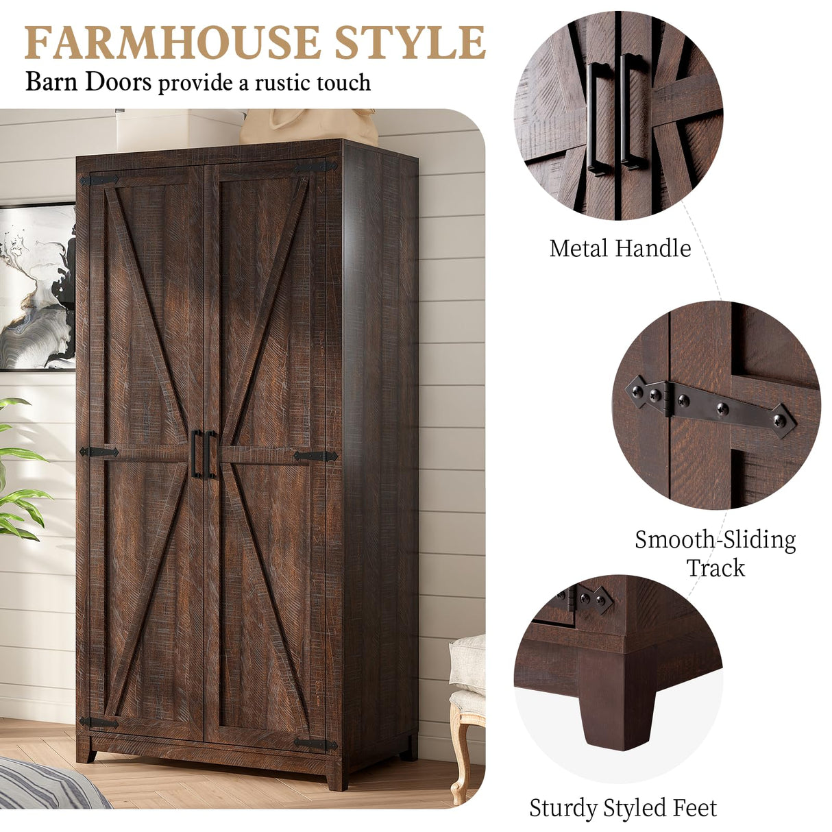 LUXOAK 70" Large Armoire Wardrobe Closet with Hanging Rod, Farmhouse Clothing Storage Cabinet with 2 Barn Doors, Wooden Tall Bedroom Armoires with Shelf, Espresso LUXOAK