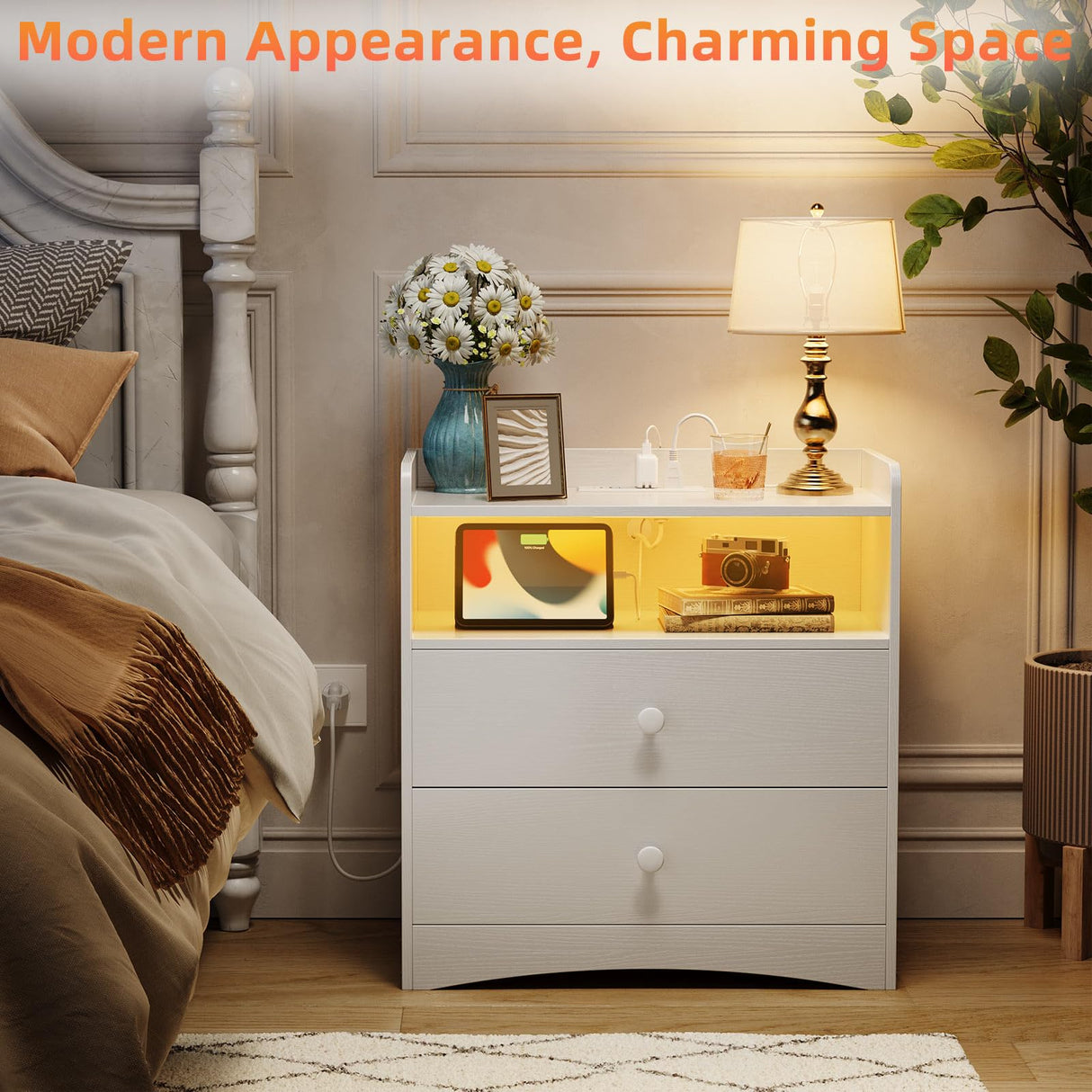 Memobarco Nightstand with Charging Station and LED Light,Modern Nightstand with USB Ports and Outlets,Wood Bedside Tables with 2 Storage Drawers,Small Dresser for Bedroom Small Space,White Memobarco