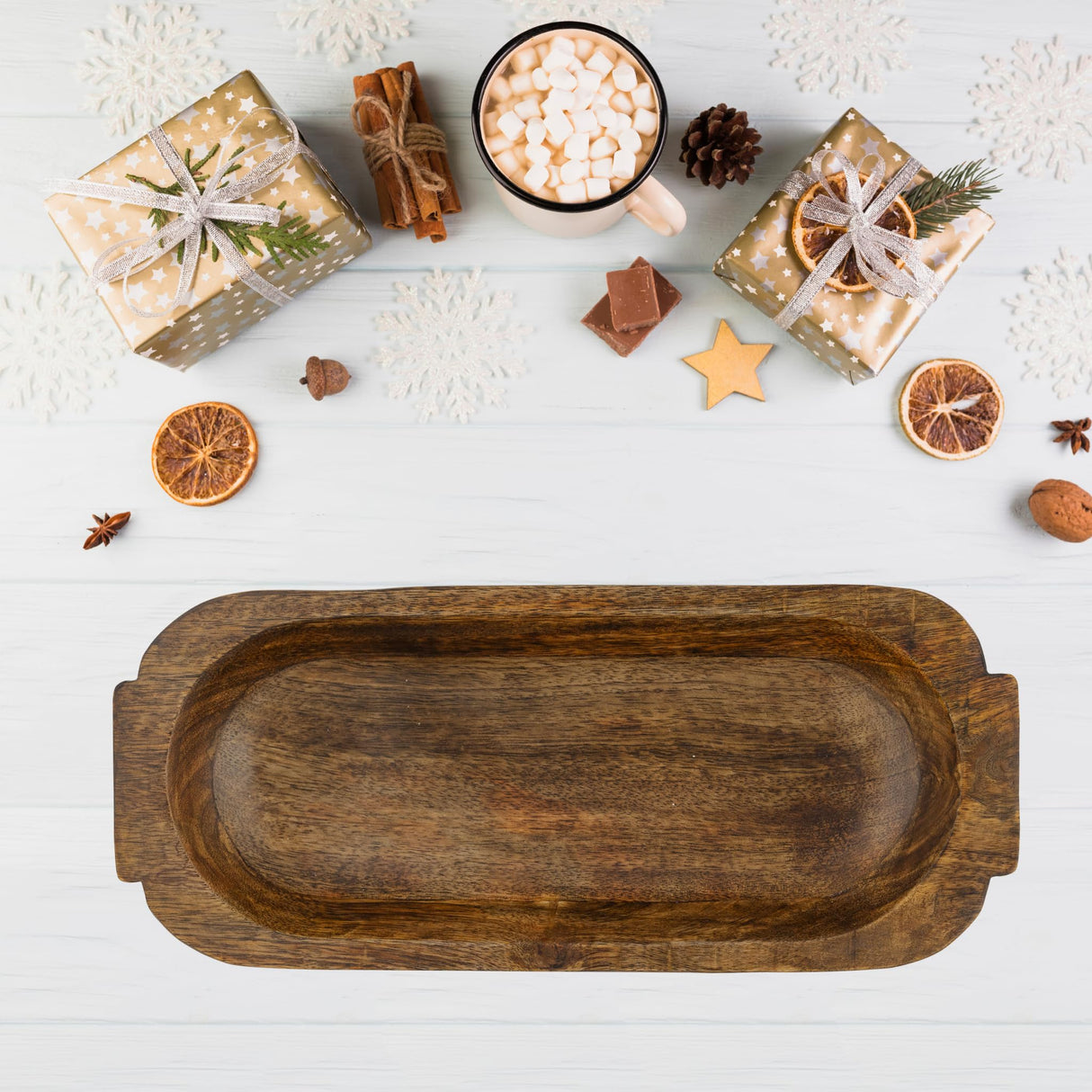 Mie Creations 16'' Large Wooden Dough Bowl for Decor, Huge Decorative Centerpiece Oval Tray Rustic Dough Bowls for Table | Mothers Day Gifts Thanksgiving Dining Christmas, Hand Turned Long Wood Bowl Mie Creations