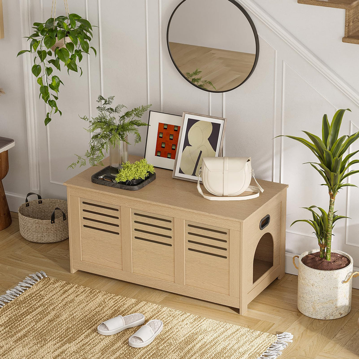 DINZI LVJ Litter Box Enclosure, Flip Top Litter Box Furniture, Hidden Cat Washroom, Wooden Cat House, End Table, 39.4" L x 19.7" W x 19.7" H, Good Ventilation, Easy to Assemble, Natural DINZI LVJ