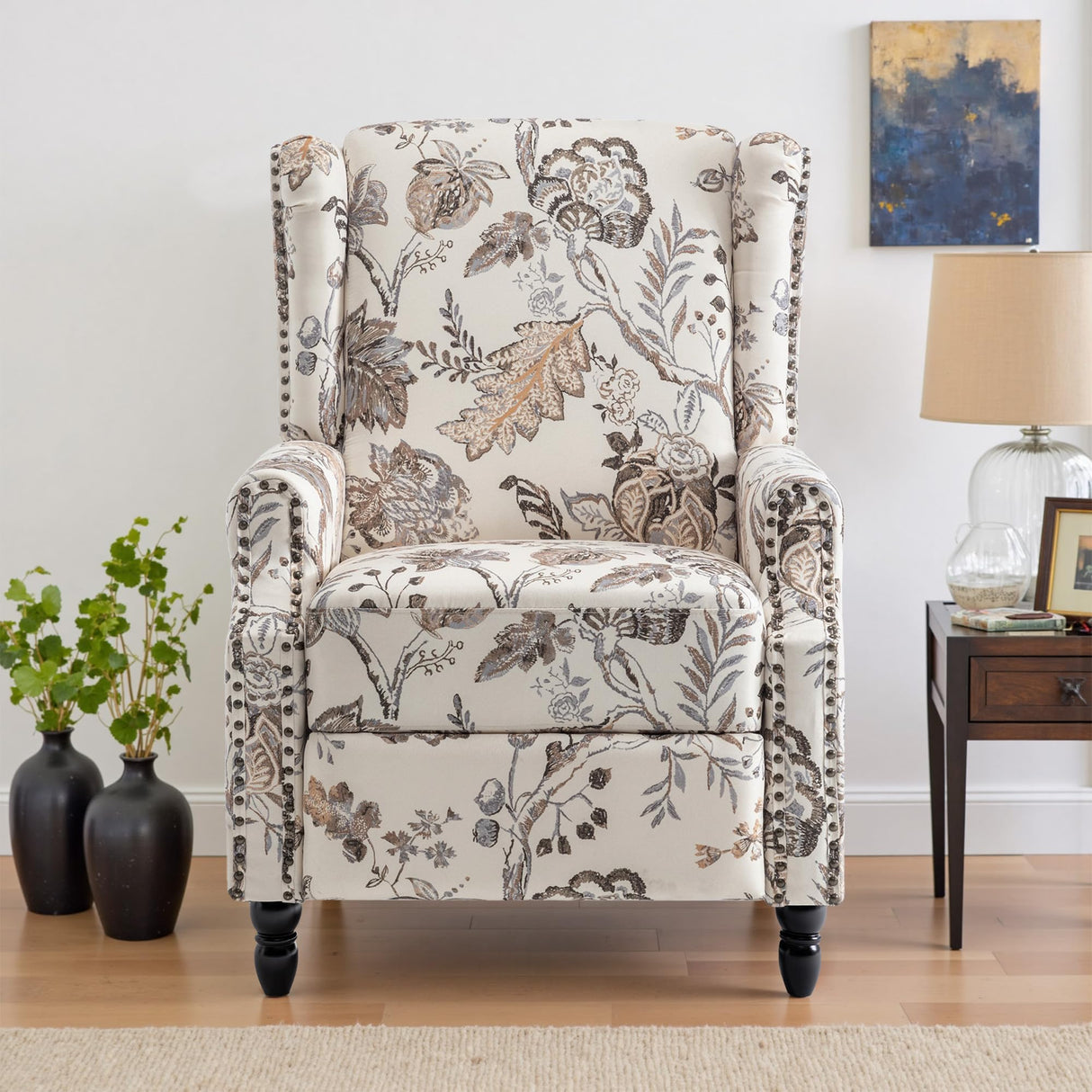 UIXE Pushback Recliner Chair, Fabric Upholstered Armchair Push Back Accent Chair for Living Room, Rivet Trim Home Theater Single Sofa Bedroom Reading Seat with Footrest - Beige Plants UIXE