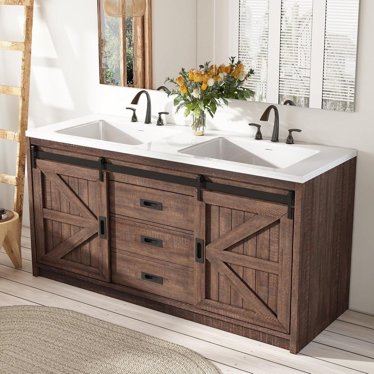 LUXOAK 60" Farmhouse Bathroom Double Vanity Sliding Barn Door with Sink Combo, Freestanding, Bathroom Vanity Cabinet with Drawers & Metal Handles, Reclaimed Barnwood LUXOAK