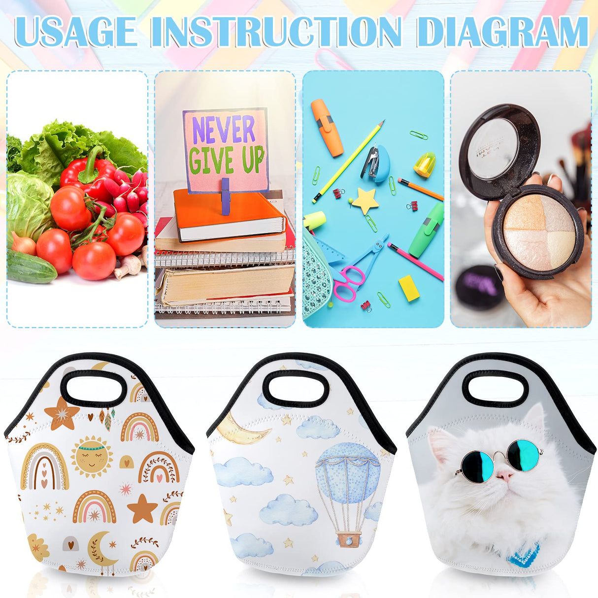 Sumind 12 Pcs Sublimation Blank Neoprene Lunch Bags DIY Reusable Lunch Box Thermal Insulated Pouch Foldable Food Carry Case Handbags Tote with Zipper for Women Adults Work Outdoor(White) Sumind