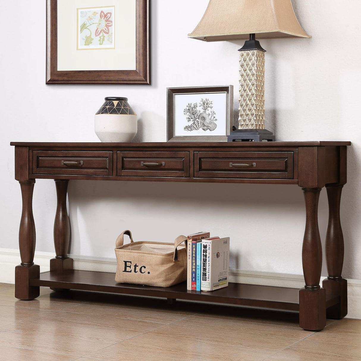 Merax Long 63" Console Sofa Table with 3 Drawers and 1 Bottom Shelf, Light Espresso Merax