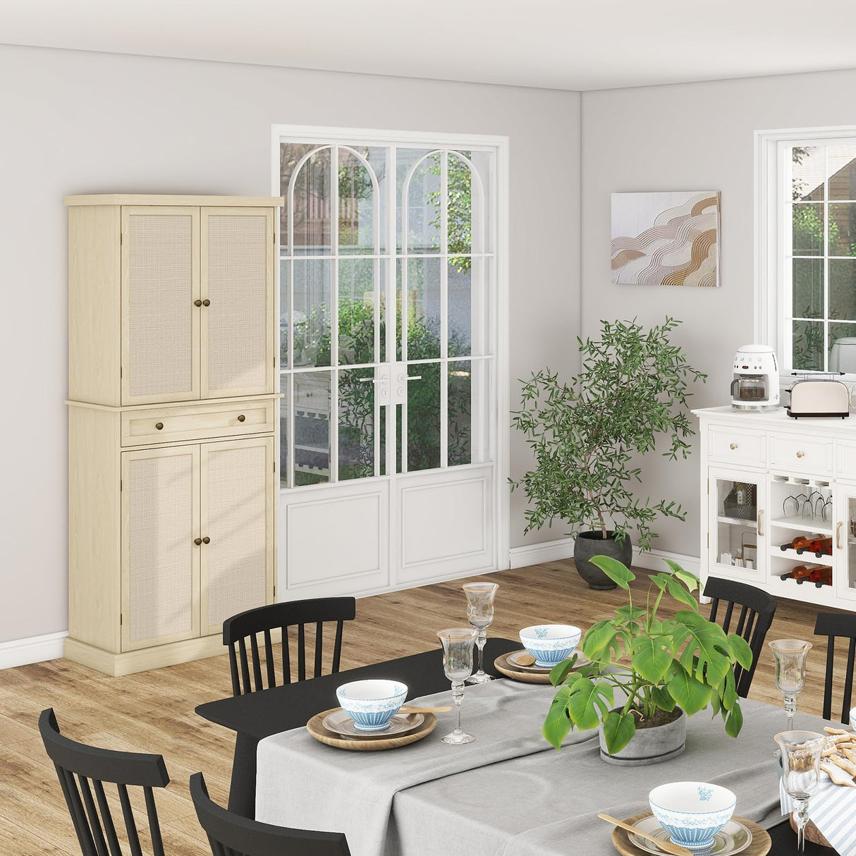 YHAOWORKS Kitchen Pantry Storage Cabinet - Rattan 4 Doors 1 Drawer Tall Cabinet with Adjustable Shelf and 6 Shelves, 72'' Freestanding Cupboard for Living Room, Dining Room, Bathroom (Natural) YHAOWORKS