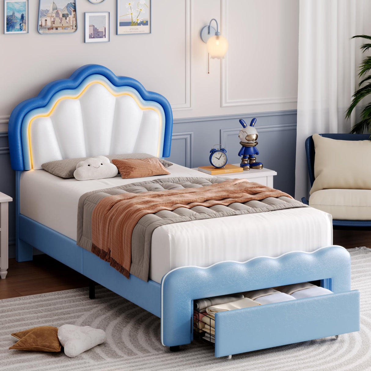 HOSTACK Twin Upholstered LED Bed Frame with Storage Drawers - Stylish Blue/White Platform Bed for Boys with Adjustable Lotus Headboard HOSTACK