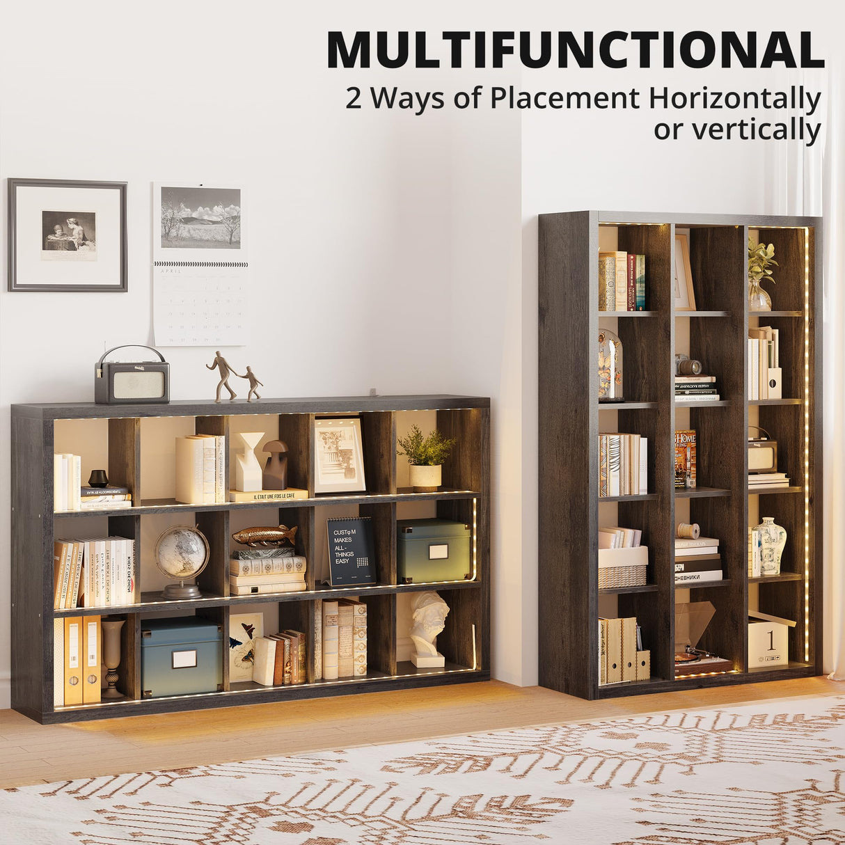 IRONCK 15 Cube Bookcase Storage Shelf Organizer with LED Lights, 5 Tier Bookshelves and Bookcases Display Shelves, Horizontally or Vertically Use, Charcoal Grey IRONCK