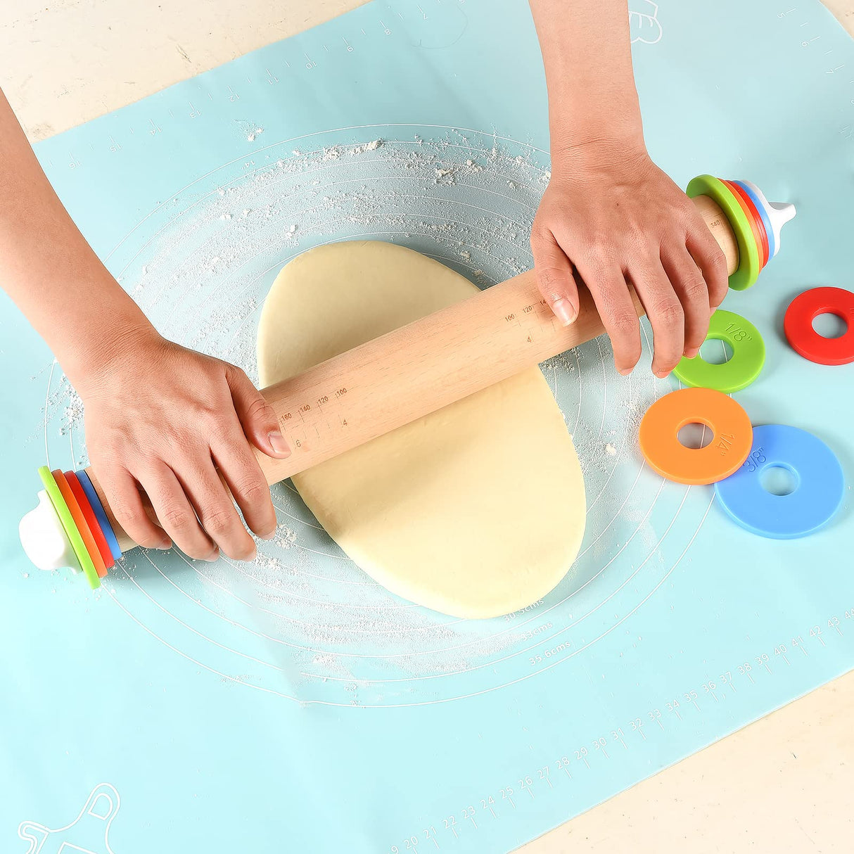 Yasashii Wood Rolling Pin With 4 Adjustable Thickness Rings, Non-stick Dough Roller For Baking, 17 Inch Pizza Roller For Kitchen supplies, Handle Press Design For Fondant, Pizza, Pie Crust, Cookie Yasashii