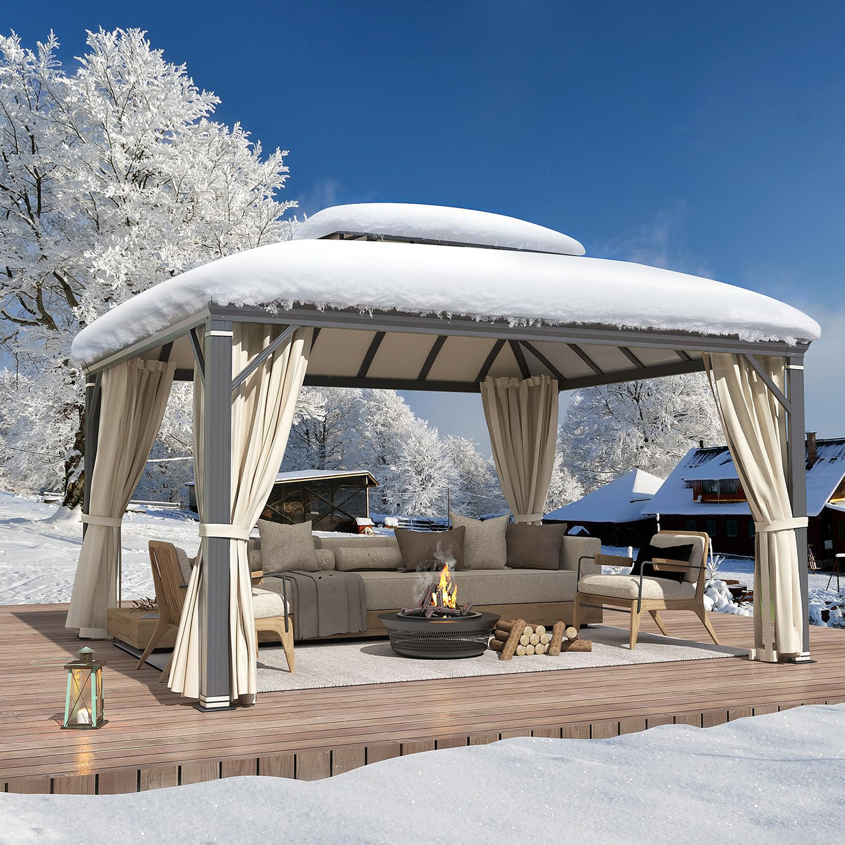 YOLENY 12'x14' Hardtop Gazebo, Permanent Outdoor Aluminum Patio Gazebo with Aluminum Composite Double Arc Roof for Patio Lawn and Garden, Curtains and Netting Included YOLENY