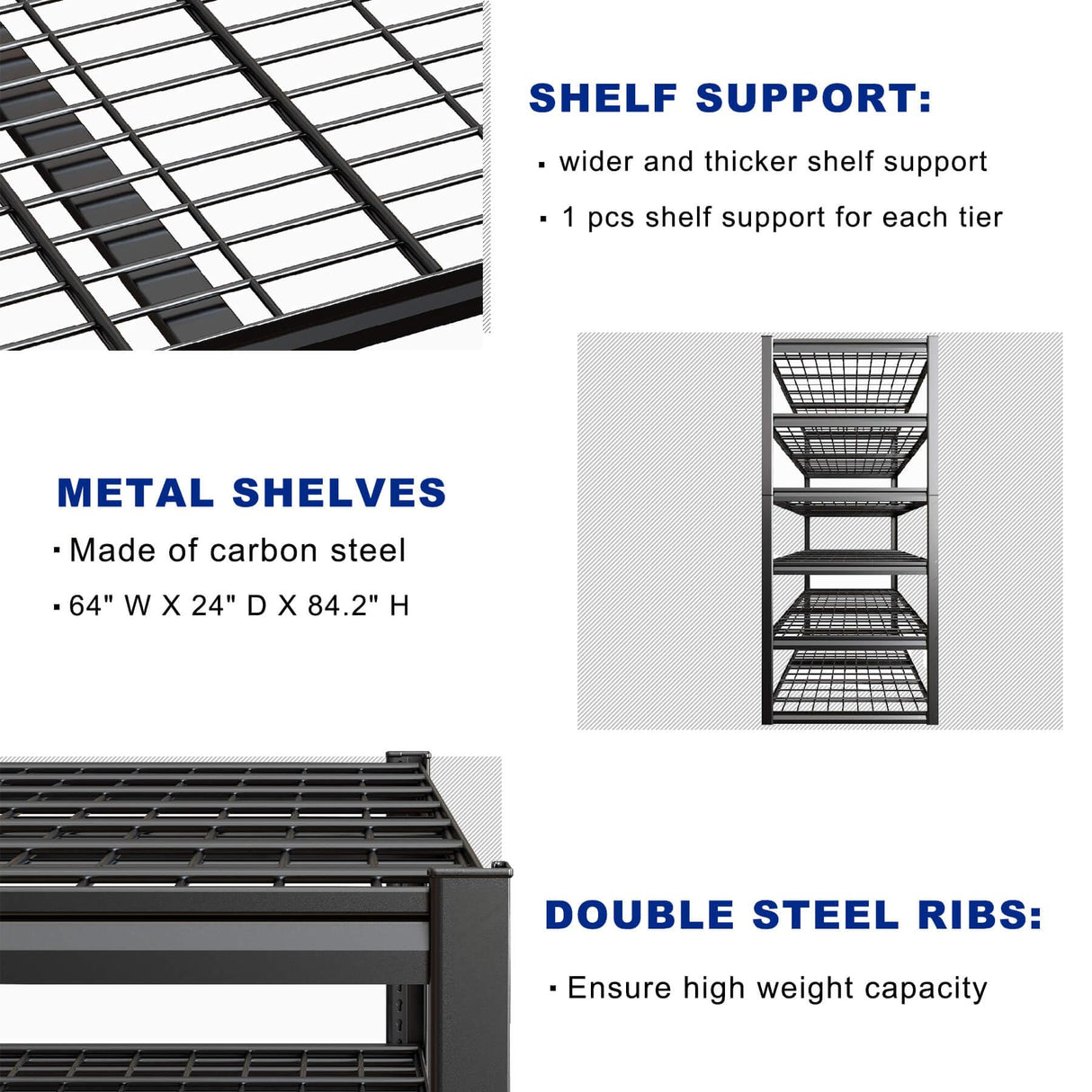 PMKES 64" Wide 6-Tier Garage Shelving Unit, 64" W x 24" D x 84" H, Heavy Duty Garage Storage Shelves,3900 LBS Capacity, Industrial Adjustable Shelves for Basement Warehouse PMKES