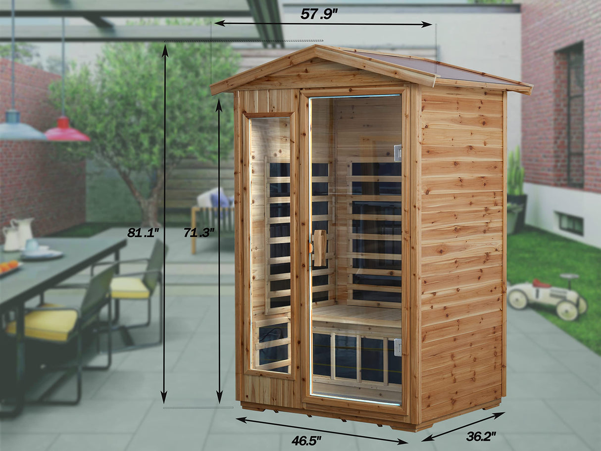 LTCCDSS Outdoor Infrared Sauna 2 Person | Far Infrared Sauna, Canadian Hemlock, Withstand Outdoor Temp -5℉-104℉| Low EMF Sauna Room for Home-9 Low EMF Heaters-Chromotherapys-Bluetooth Speakers LTCCDSS