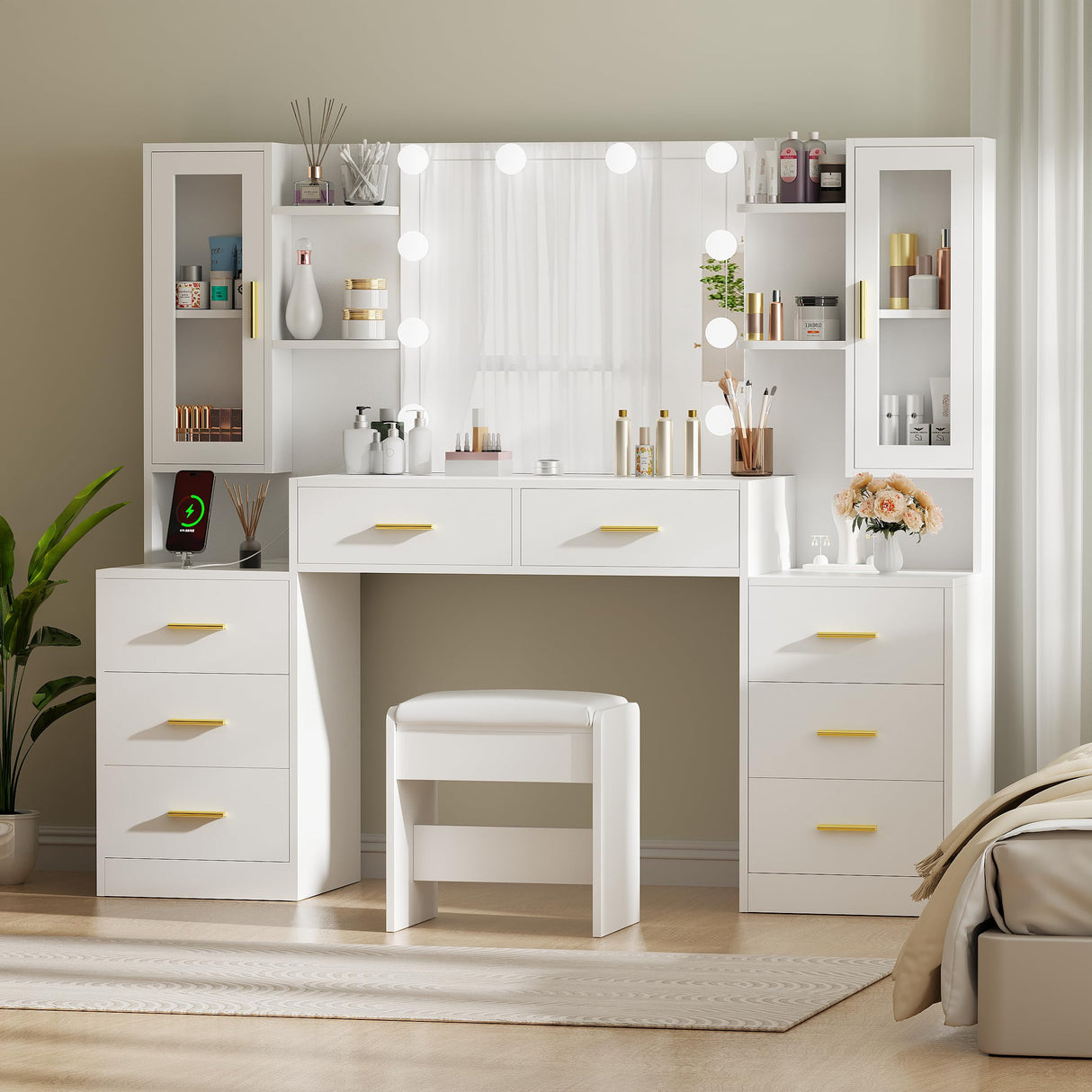ANWBROAD 59.1" Large Vanity Desk Table with Mirror & Lights White Makeup Vanity with Power Outlet and 8 Drawers 2 Cabinets 3 Lighting Modes Adjustable Vanity Table for Bedroom Dressing Room UBDT67W ANWBROAD