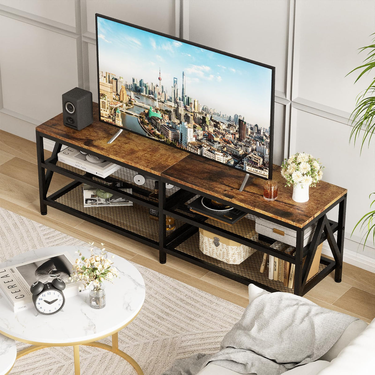 Katrawu TV Stand for TV up to 70 Inch, Long 63" TV Cabinet with 3-Tier Storage Shelves,Entertainment Center TV Console Table for Living Room with Industrial TV Metal Frame, Rustic Brown Katrawu