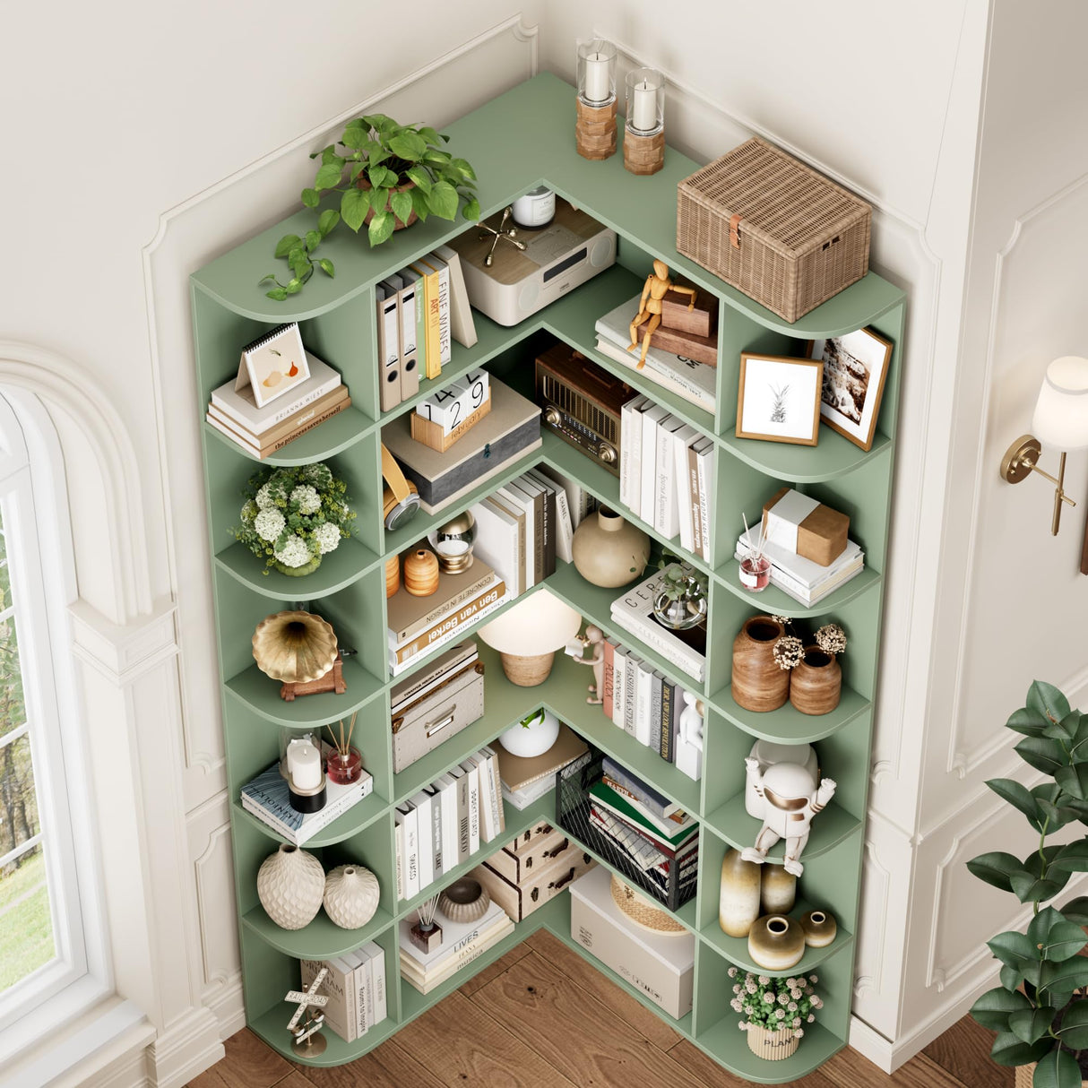 FOTOSOK 74” Tall Corner Bookshelf, 6-Tier Bookshelf and Bookcase with Open Storage, Tall Bookcases Wooden Storage Shelves for Home Office, Thickened Boards for Better Load Bearing, Green FOTOSOK
