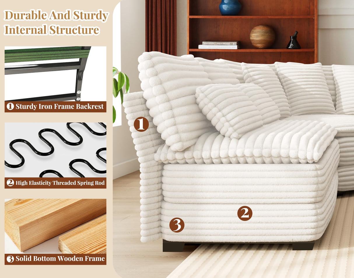 GRAINLLE 103'' L Shaped Corner Sectional Sofa,5-Seater Cloud Corner Couch with Pillows, Large Comfy Corduroy L Couch for Living Room,Apartment,Bedroom (White) GRAINLLE