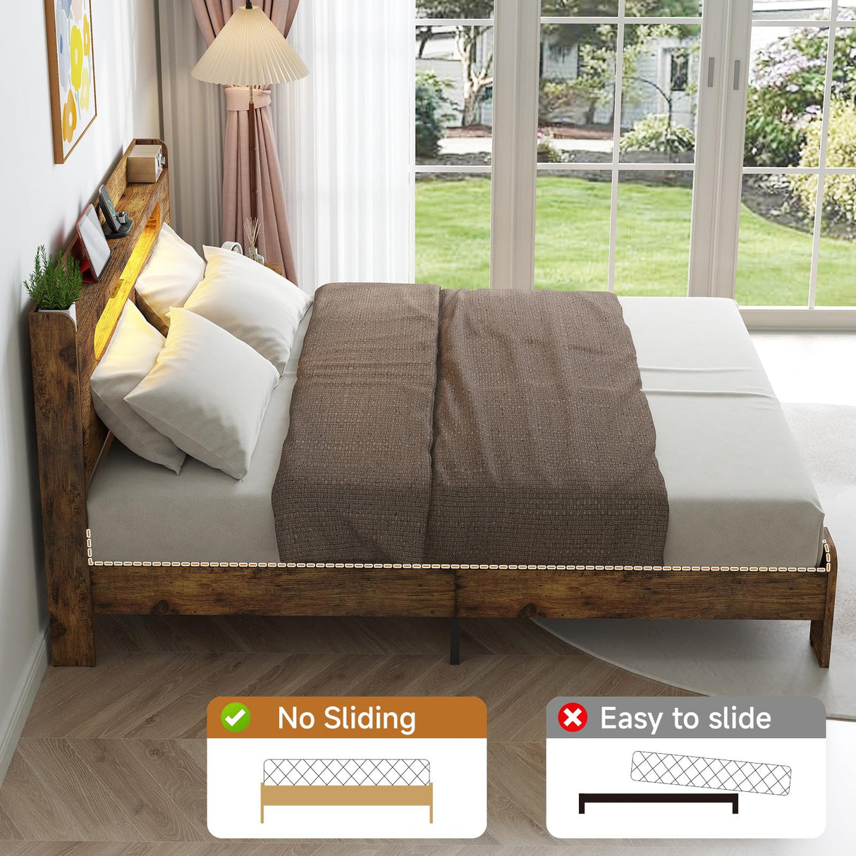 Kiivakii King Bed Frame with Storage Headboard, King Platform Bed Frame with LED Light and Charging Station, Durable Frame, No Noise, No Box Spring Needed, Dark Brown Kiivakii