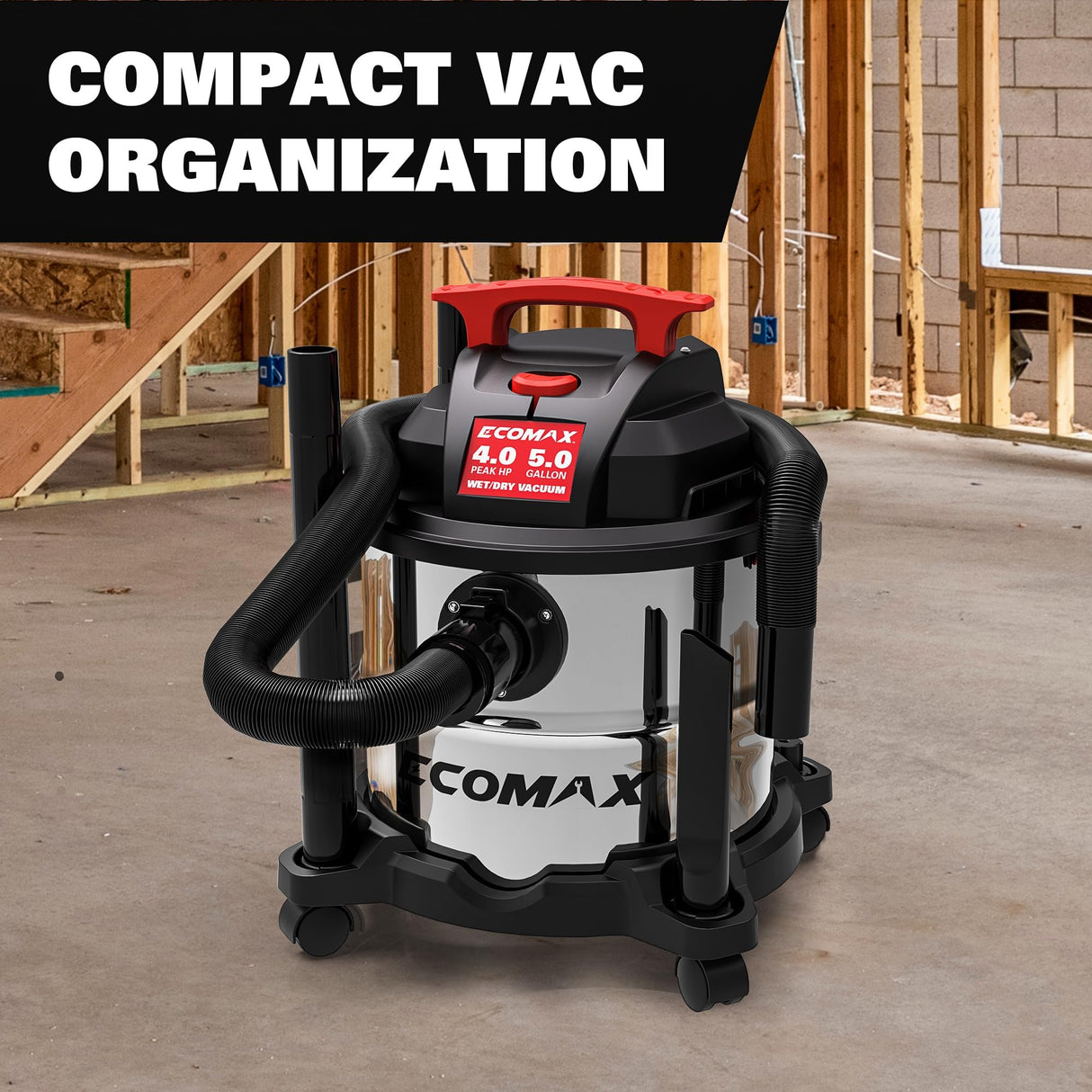 ECOMAX Wet Dry Vac 5 Gallon, 4 Peak HP, Portable Stainless Steel Shop Vacuum Wet/Dry with Powerful Suction-85 CFM, 3-in-1 Wet/Dry/Blow, Shop Vacuum for Home, Workshop, Jobsite, EM18115 ECOMAX