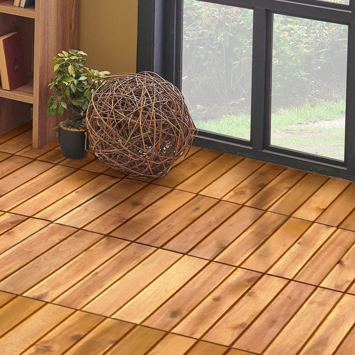 Giantex 27 PCS Interlocking Patio Deck Tiles, 12 x 12in Acacia Hardwood Floor Tiles, Tools Free Assembly, 27 sq. Ft Wood Composite Deck Flooring Pavers for Outdoor & Indoor, Stripe Pattern Giantex