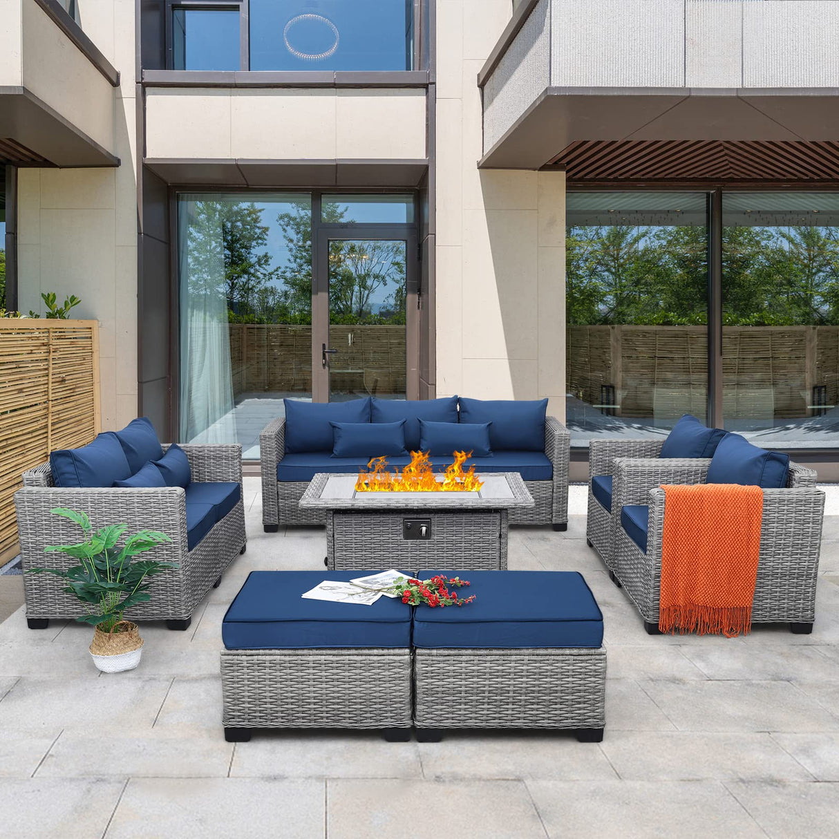 Patio Furniture Set 45-Inch Fire Pit 7-Piece Outdoor Furniture Sets Patio Couch Outdoor Chairs 60000 BTU Wicker Propane Fire Pit Table with No-Slip Cushions and Waterproof Covers, Navy Blue Rattaner