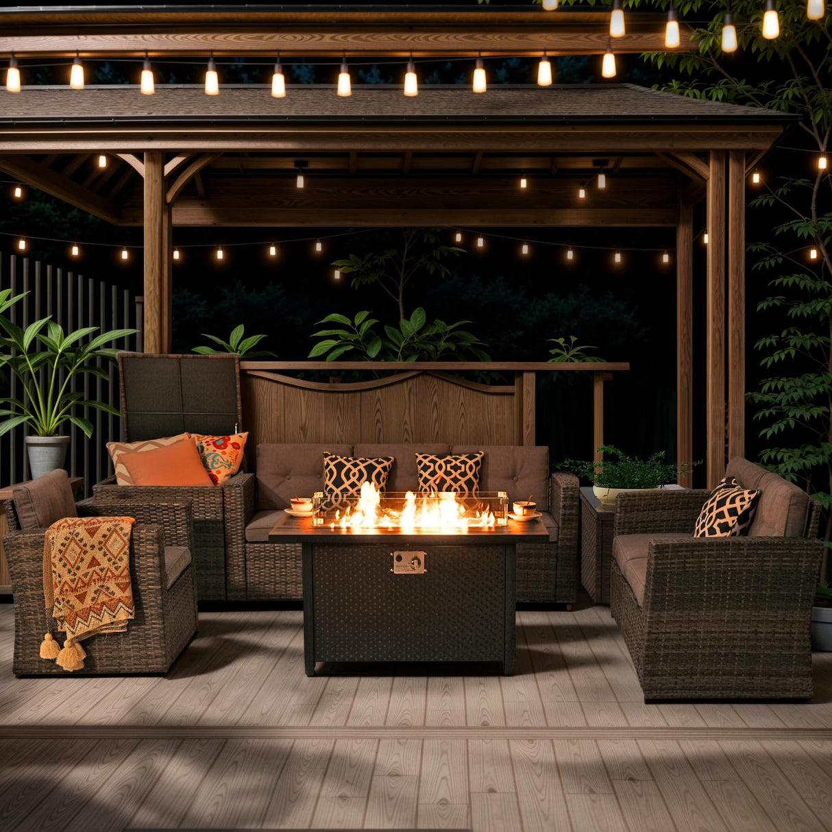 JOIVI 9 Piece Patio Conversation Set with 45" Fire Pit Table, PE Wicker Outdoor Furniture Set with Storage Box, Tempered Glass Top Table, Fireproof Glass Beads Cover, 2 Pillows Included, Gray JOIVI