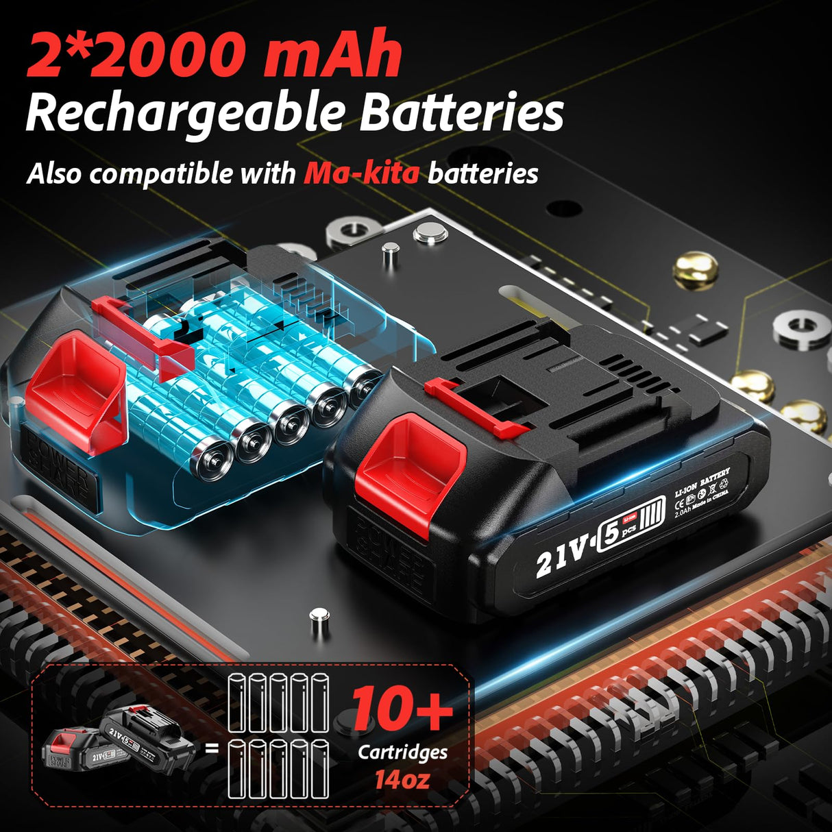 TaskStar Battery Grease Gun, Super Efficient Electric Grease Gun Kit with 2 Batteries and Charger, 39.4” Flexible Hose and Coupler, 10000 PSI Cordless Grease Gun with Super Bright LED Light, Red TaskStar