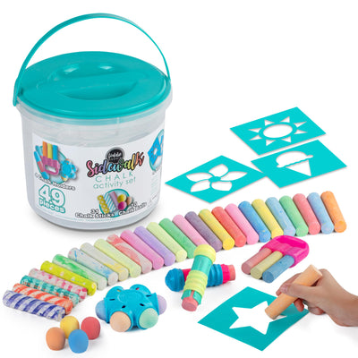 Loddie Doddie 49pc Sidewalk Chalk Bucket – Outdoor Activity Play Set for Kids, 31 Assorted Chalk Sticks, 4 Holders, 10 Ball Refills, 4 Stencils, Outdoor Water Play, Washable, Reusable Bucket