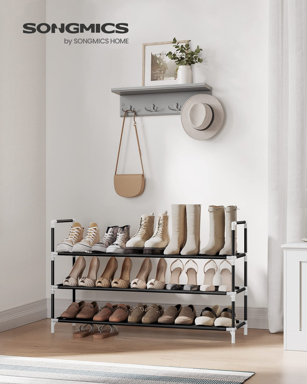 SONGMICS 3-Tier Shoe Rack, Shoe Storage for Hallway Closet, Slim and Space-Saving, Metal Frame, Non-Woven Fabric Shelves, Black ULSH053B01 SONGMICS