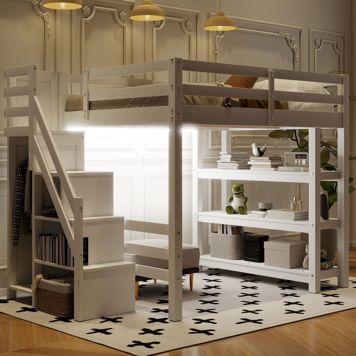 Bellemave Full Loft Bed with Stairs and Shelves, Wood Loft Bed with Bookcase and 3-Tier Shelves, Wardrobe, LED for Kids, Teens, Adults, White Bellemave