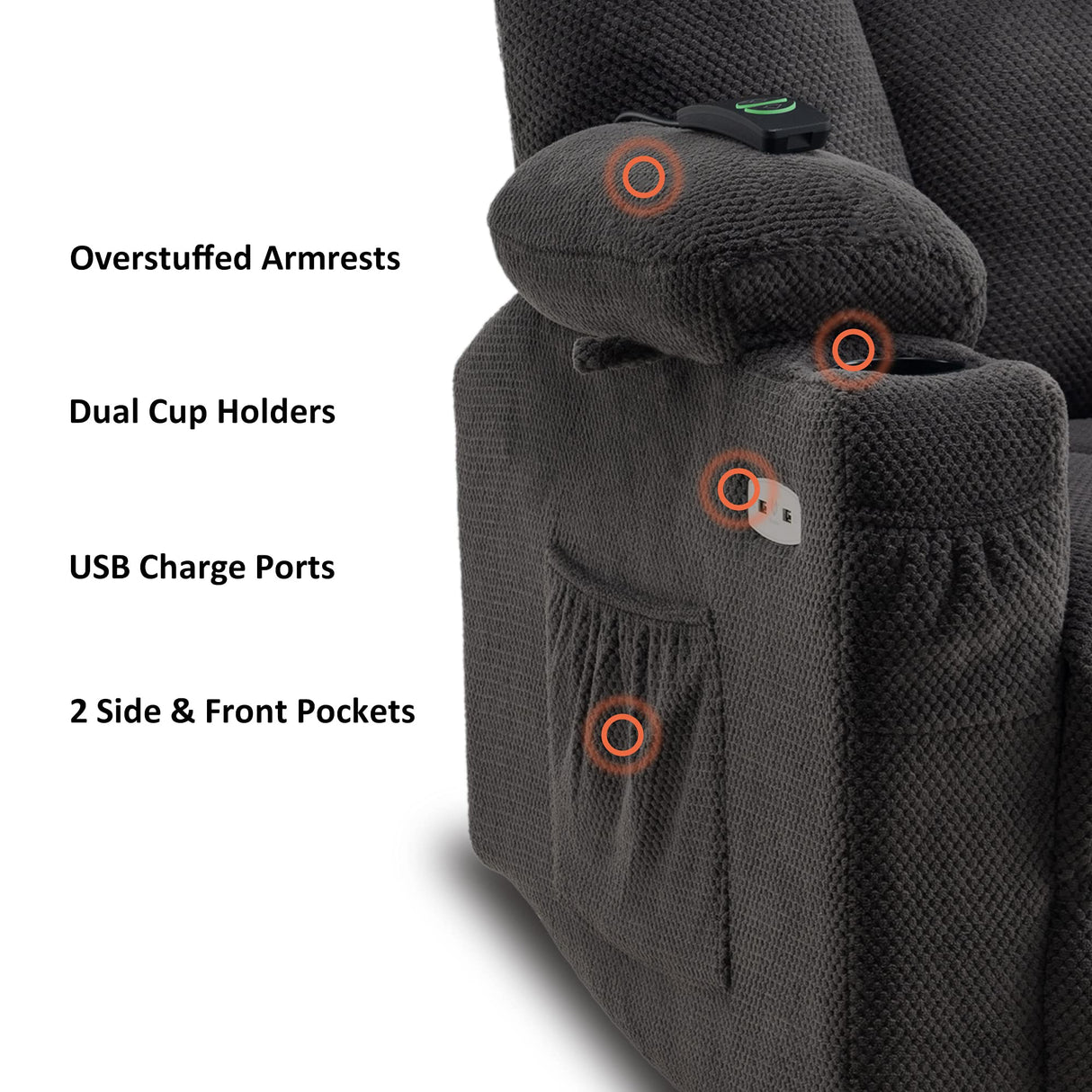 MCombo Fabric Electric Power Recliner Chair with Heat and Vibration, Cup Holders, USB Charge Ports, Extended Footrest, Cloth Powered Reclining for Living Room 8015(Grey) MCombo