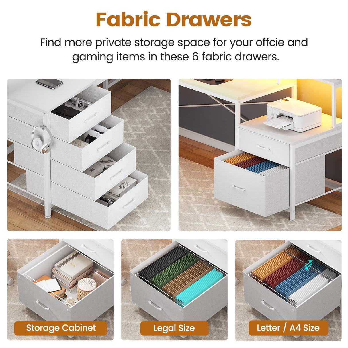 SEDETA L Shaped Desk with 6 Drawer, 108" Home Office Desk with File Drawer & Power Outlet, Corner Computer Desk with Monitor Shelf, File Cabinet, Two Person Desk, Gaming Desk with Led Lights, White SEDETA