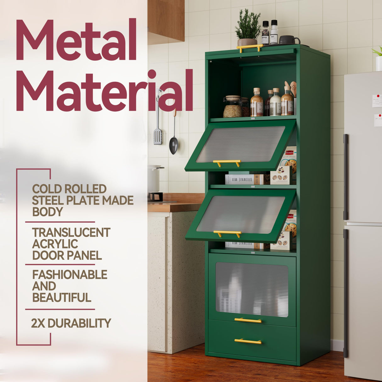 GAIOUS 5-Tier Kitchen Pantry Cabinet, Display Storage Cabinet with 4 Flip-up Acrylic Glass Doors and 1 Drawer, Green Freestanding Bakers Rack to Storage Small Microwave Spice Seasoning Bowl Cup Books GAIOUS