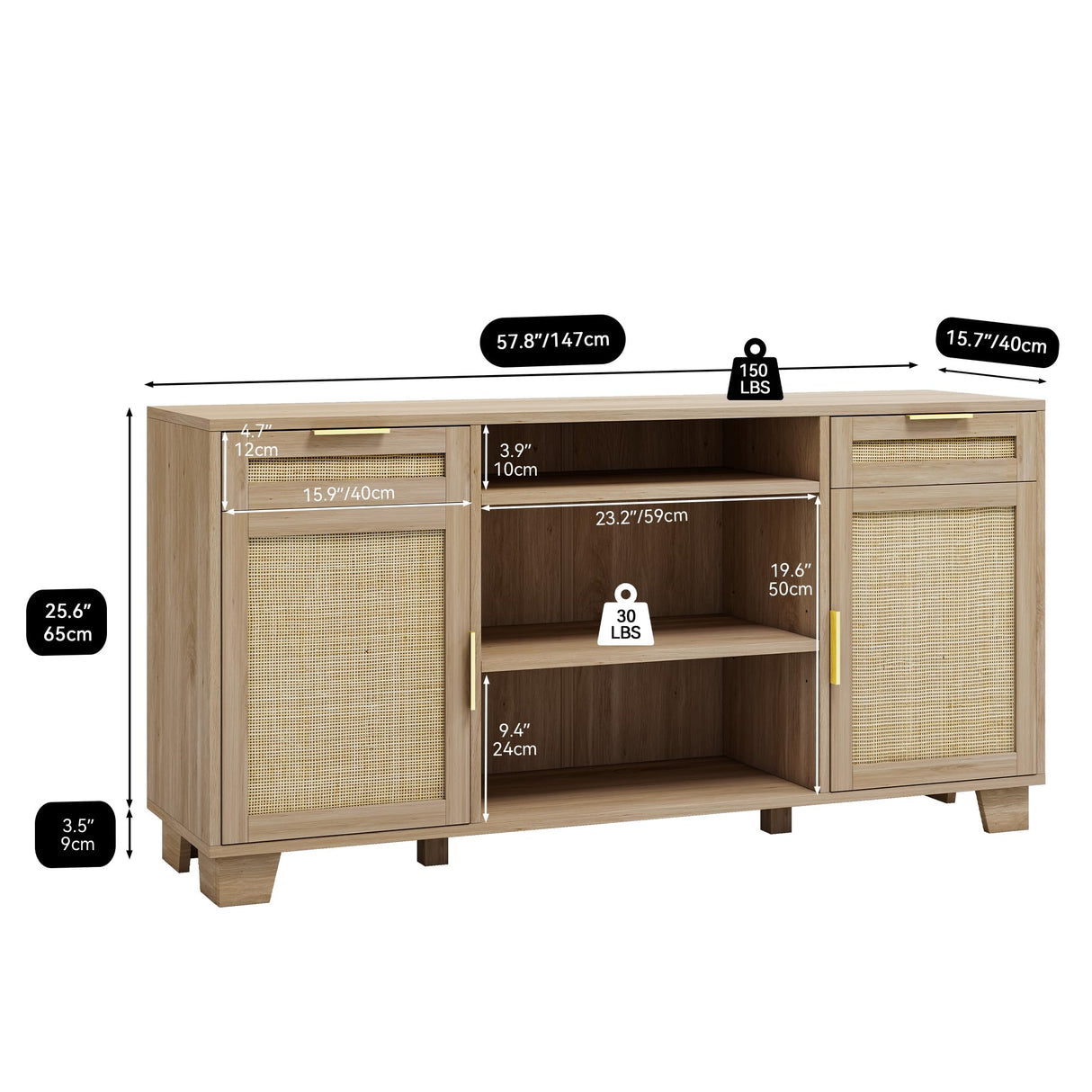 YITAHOME Rattan TV Stand for up to 65 Inch TVs, Boho Entertainment Center with Storage, TV Media Console with Drawers, Adjustable Shelves for Living Room (Natural Oak) YITAHOME