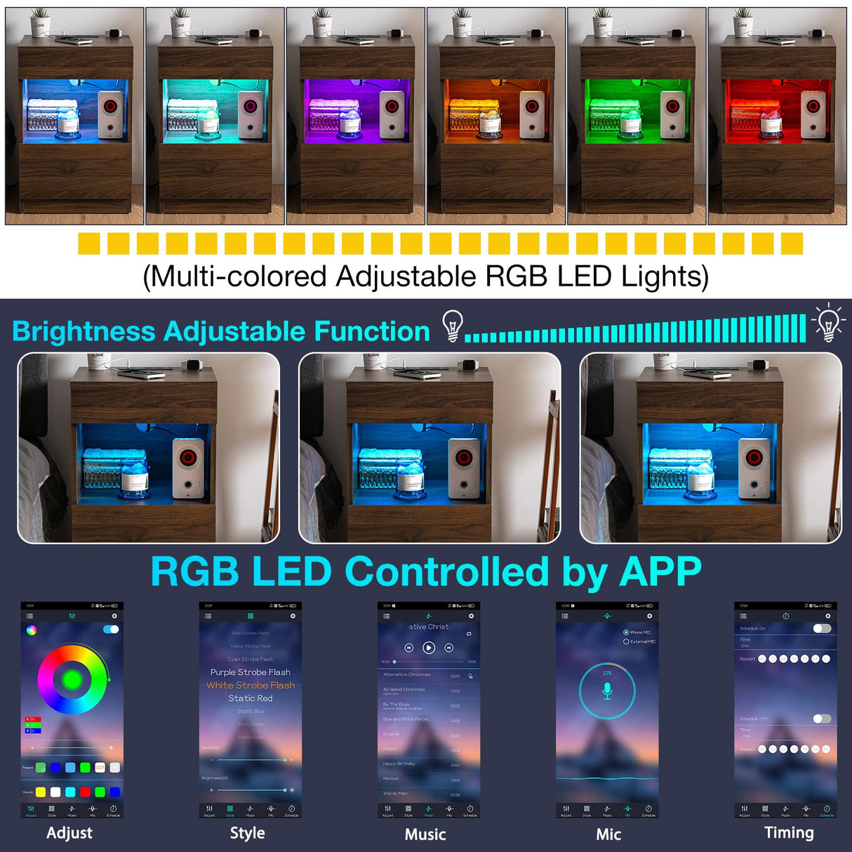 HOMMPA Set of 2 Open Shelf LED Nightstands with Charging Station Dark Walnut 2 Drawers Bedside Tables with Led Light Night Stands with Storage Smart Nightstads Wood Night Table Mid Century for Bedroom HOMMPA