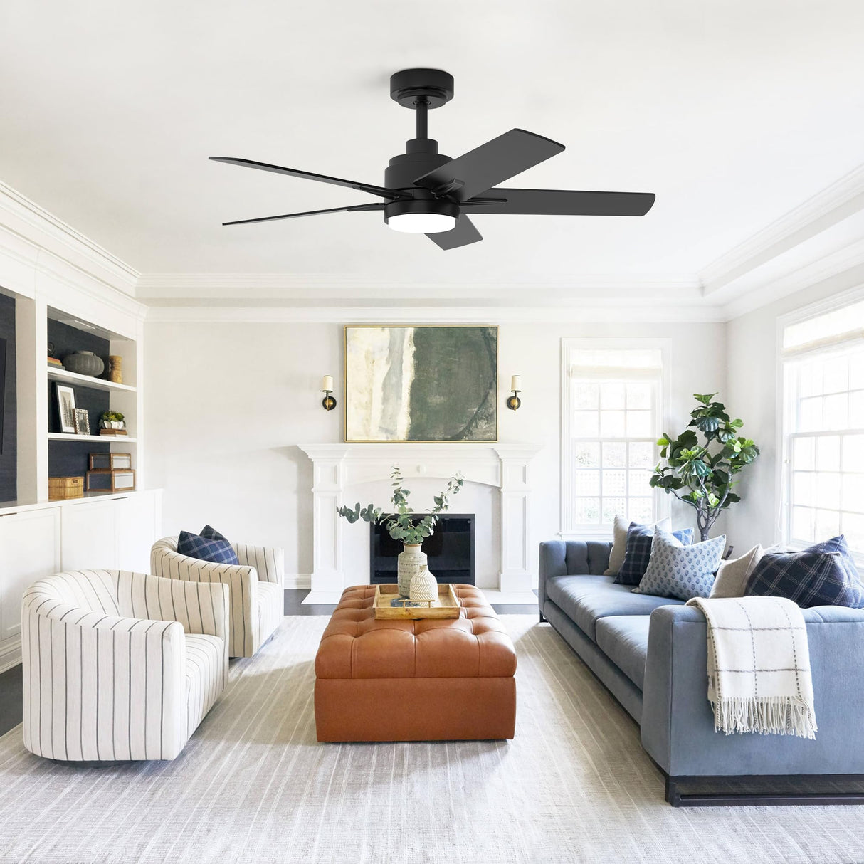 YUHAO 48 Inch Black Ceiling Fan with Light and Remote Control.Noiseless,Dimmable, 3CCT,6 Speeds Reversible, Modern DC Ceiling Fans for Indoor Use YUHAO