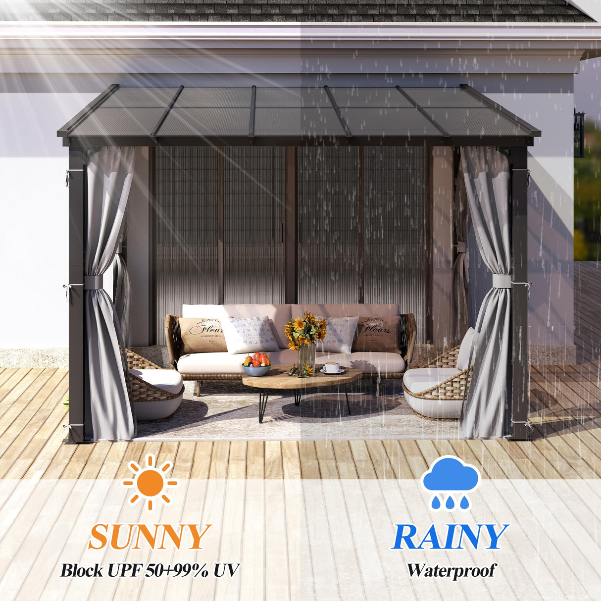 GARTOO 10’ x 10’ Gazebo for Patio - Aluminum Lean to Gazebos Pergola with Sloping Roof, Outdoor Wall-Mounted Canopy Awnings to House for Patio, Garden, Lawn, Backyard Deck GARTOO
