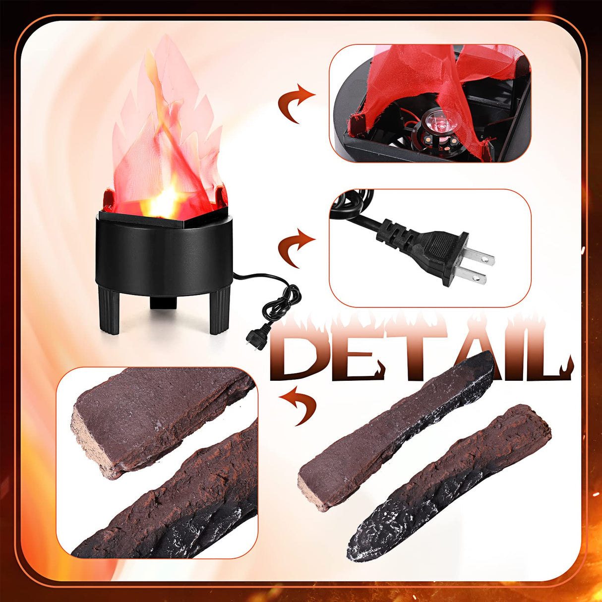 Sawysine Electronic 3D Led Fake Flames Effect Night Lamp Led Artificial Flickering Fire Flame with 10 Pieces Gas Fireplace Logs Simulated Fire Lamp for Halloween Christmas Indoor Home Party Decoration Sawysine