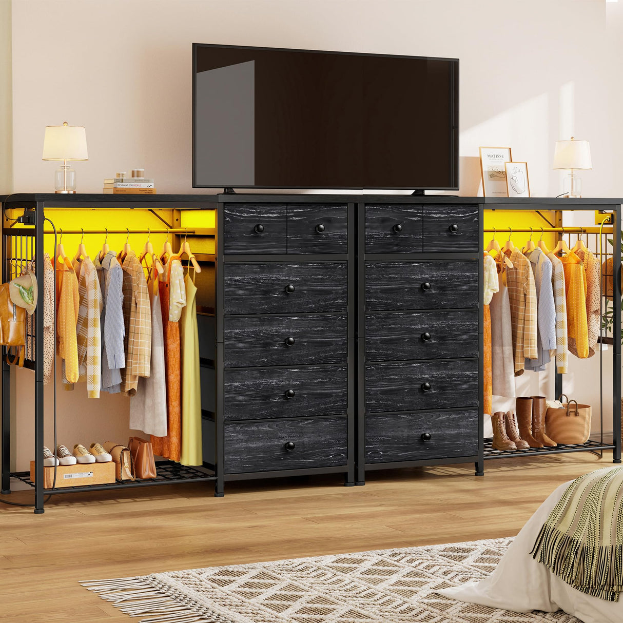 EnHomee 49.2" W Dresser for Bedroom with Hanging Rack 6 Drawers Dresser with LED Lights Fabric Dressers & Chest of Drawer with Clothes Rack,Wooden Top,Grid Panel,Closet,Black 49.2" Wx47.2 Hx15.8 D EnHomee