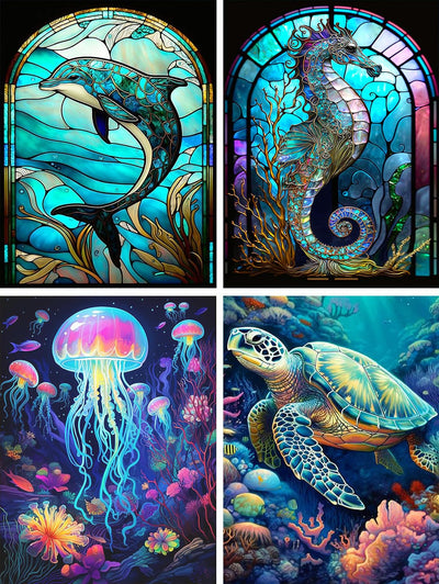 AIBOERL 4 Pack Marine Animals 5D Diamond Painting Kits for Adults,Diamond Art for Adults, Diamond Dots DIY Full Drill Colorful Crystal Rhinestone Embroidery Craft for Home Wall Decor (12 * 16 inch)