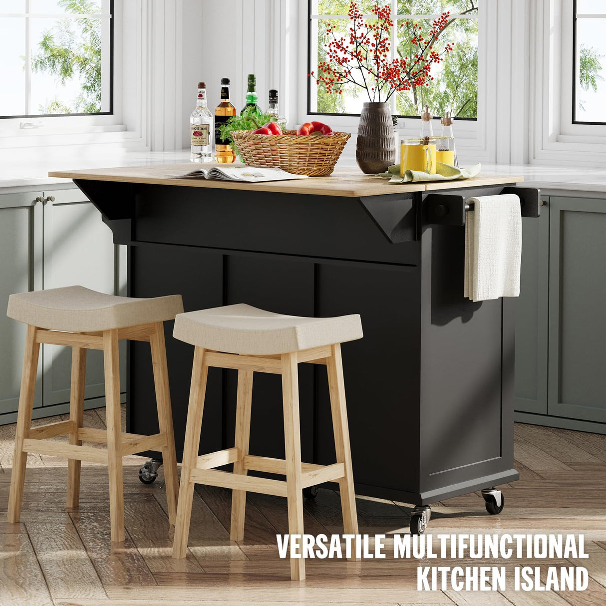 Coolove Kitchen Island with Storage on Wheels, 53" Large Rolling Kitchen Island with Drop Leaf, Mobile Kitchen Islands Cart with 2 Drawers, Bamboo Countertop Islands Table with Towel Spice Rack, Black Coolove