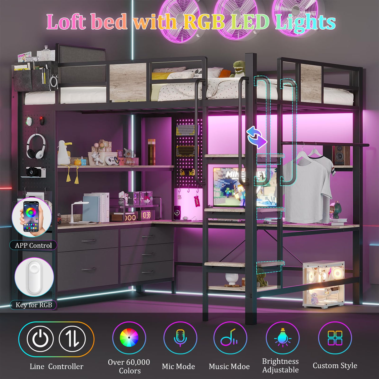 busyaeh Loft Bed Full Size with 5 Drawers & 3 Open Shelves and Charging Station,Full Size Loft Bed with Desk & LED Lights and Thickened Tread Stairs,Loft bed Space-Saving,No Box Spring Needed,Oak Gray busyaeh