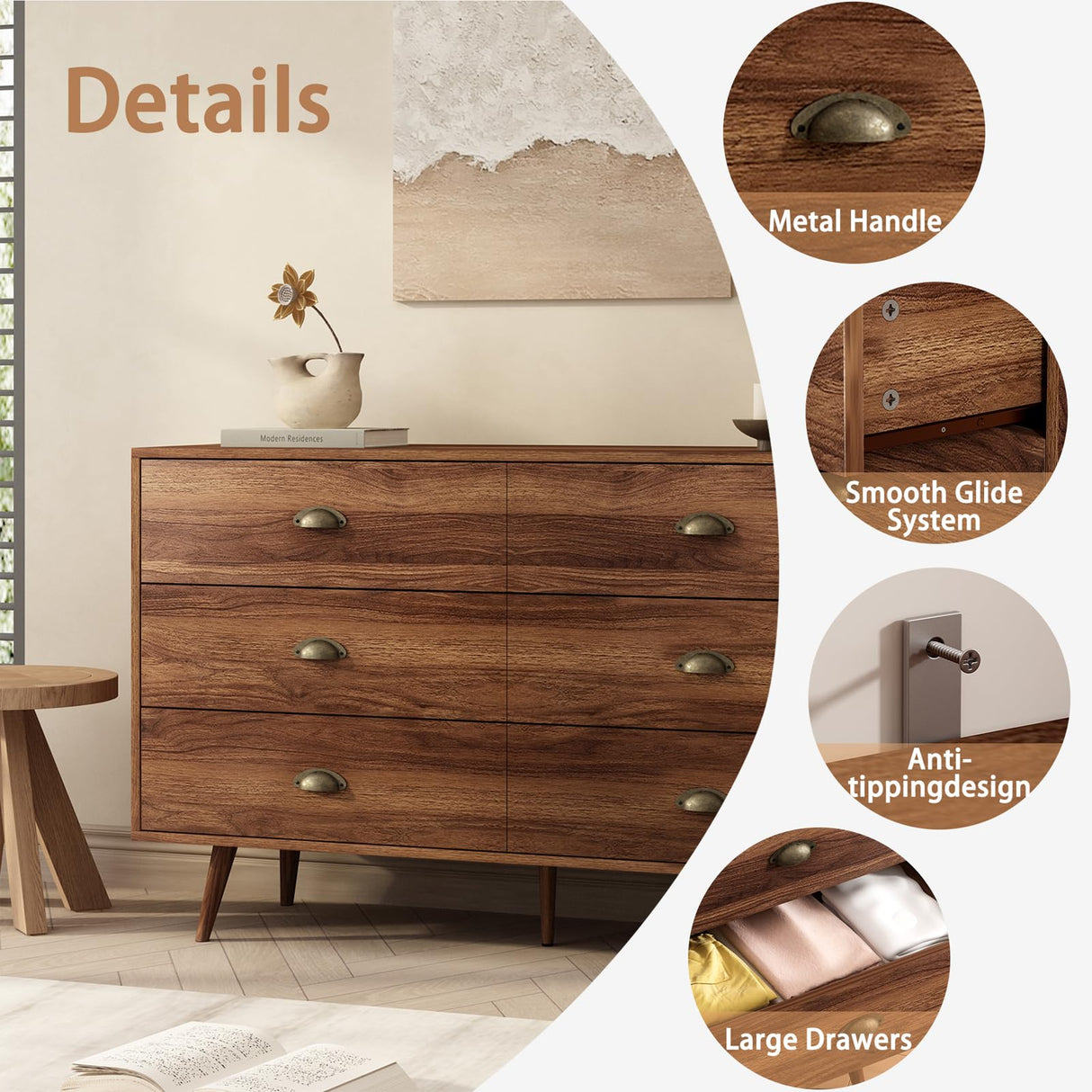 CARPETNAL Walnut Brown Dresser for Bedroom, 6 Drawer Dresser with Wide Drawers and Metal Knob, Wood Dressers & Chest of Hallway, Entryway. CARPETNAL