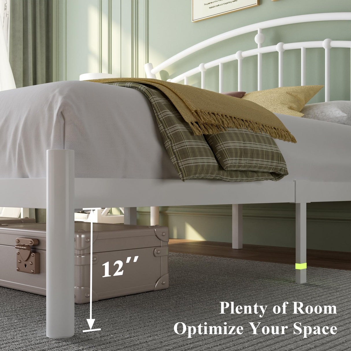 Feonase Queen Size Metal Bed Frame with Retro Headboard, Hardened Steel Tube, 12" Under-Bed Storage, No Box Spring Needed, Easy Assembly, White Feonase