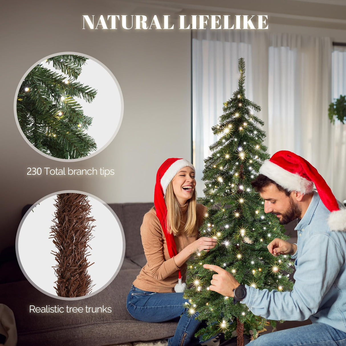 VINGLI 5ft Pre-lit Artificial Christmas Tree with Warm White LED Light, Slim Xmas Tree with 230 Realistic Branch Tips for Home, Office, Party Decoration Indoor Outdoor VINGLI