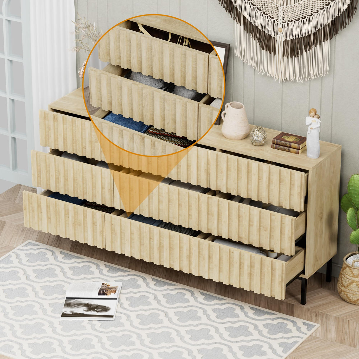 UEV 59" Long Fluted Dresser for Bedroom, Mid Century Wooden 9 Drawer Dresser, Accent Modern Chest of Drawers TV Stand for Bedroom, Hallway (Ivory White) UEV