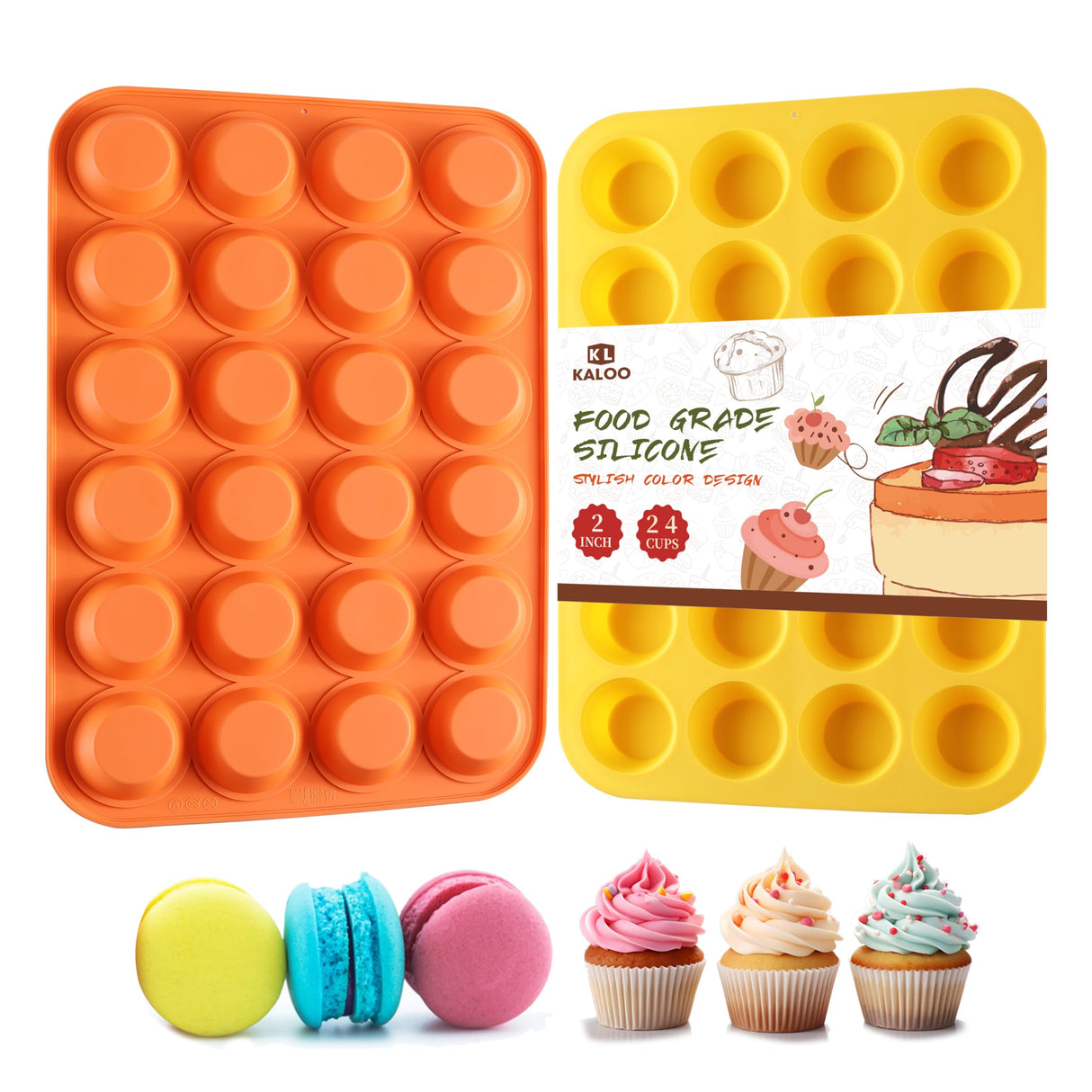 2PCS Silicone Mini Muffin Cupcake Pan, Kaloo Nonstick 24 Cups Silicone Muffin Pans for Baking, Great for Muffin, Cakes, Tart, Bread, Dishwasher Safe (Stylish Orange + Yellow, 24 Cups Each) KL KALOO